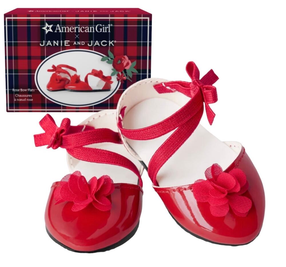 American Girl Fancy Dress Shoes Janie Jack Rose Red Bow Flower Doll Flat New Box